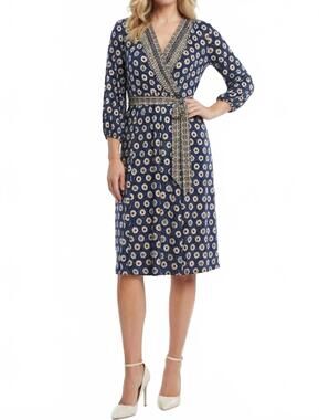 NEW SANDRA DARREN bohemian floral border print faux wrap midi dress in navy mult